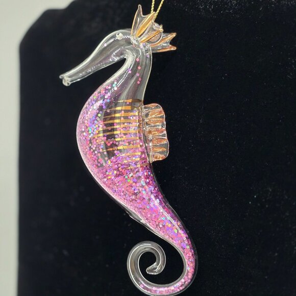 Glass Glitter Filled Seahorse Ornament With Gold Crown & Tail 5" - Picture 4 of 6